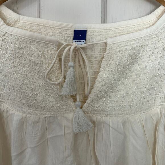 Old Navy Peasant Boho Top Womens 2X Cream Long Sleeve Smocked Tassels Popover - Picture 4 of 6